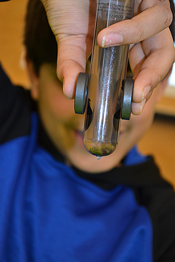An NGS student demonstrates how magnets impact the materials in a test tube.