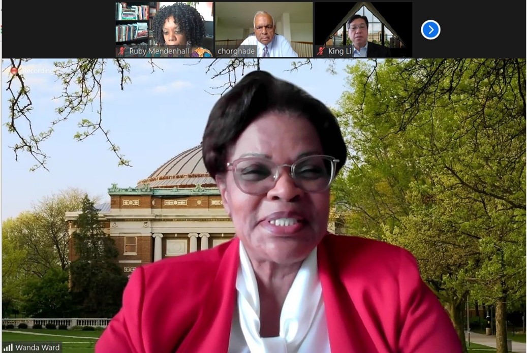 Executive Associate Chancellor Wanda Ward encourages the Nobel Scholars during the end-of-the-hear Zoom event.